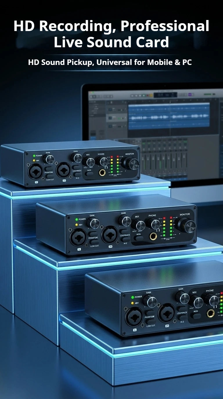 2 Channel USB Audio Interface with 48V Phantom Power Low Noise Sound Card for PC - Ideal for Recording Podcasts Guitar And Live