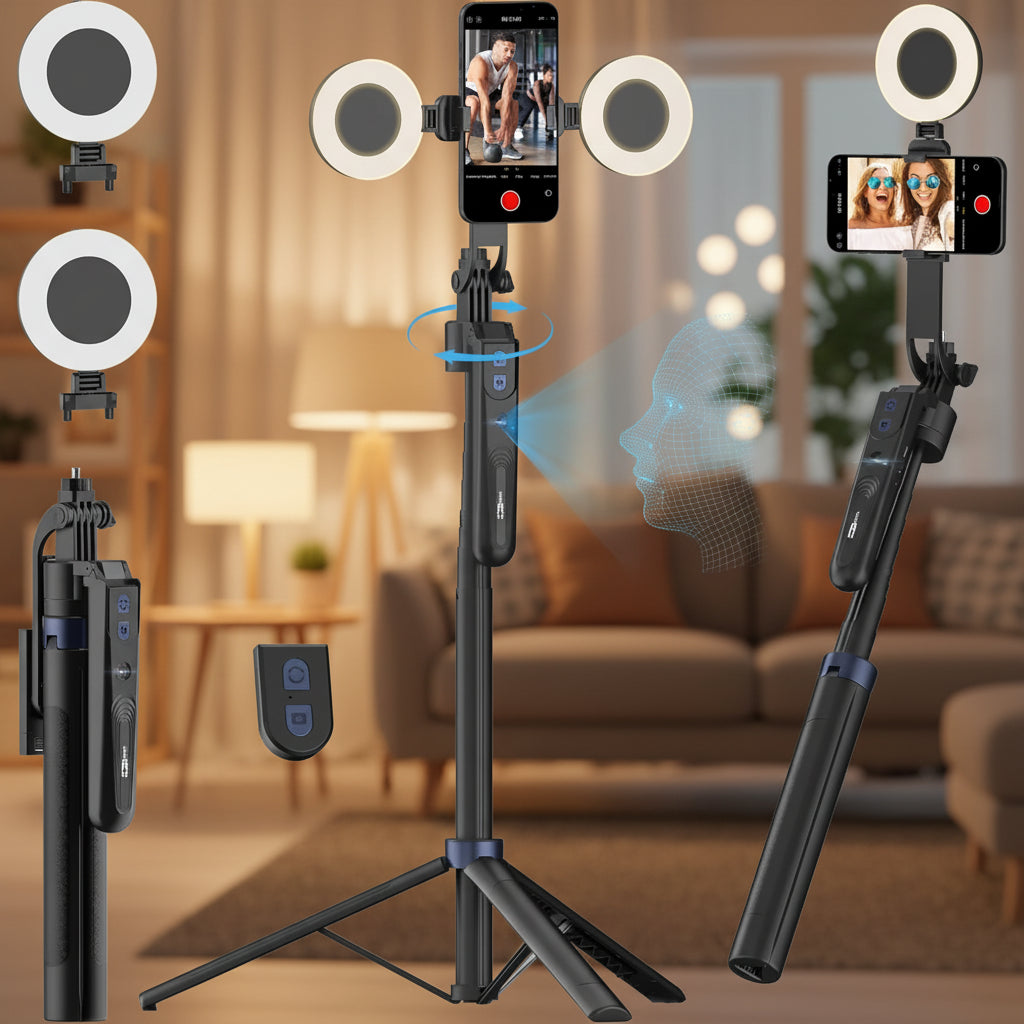 Auto Face Tracking 360 Rotation Tripod with Fill Light and Remote Control for Content Creators and Video Recording