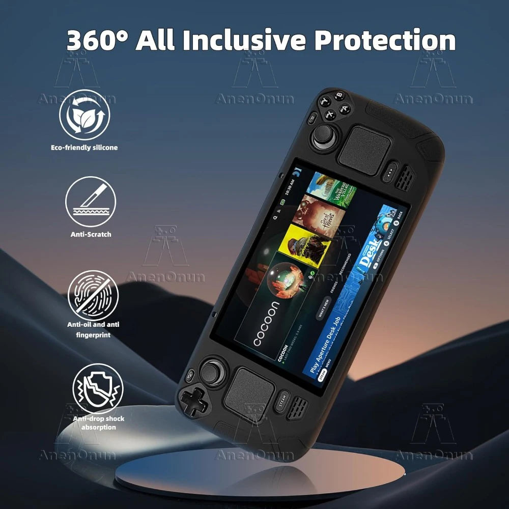 Steam Deck/Steam Deck OLED Full Fit Protective Case w/Folding Stand Base Shockproof Anti-Scratch Non-Slip Silicone Soft Cover