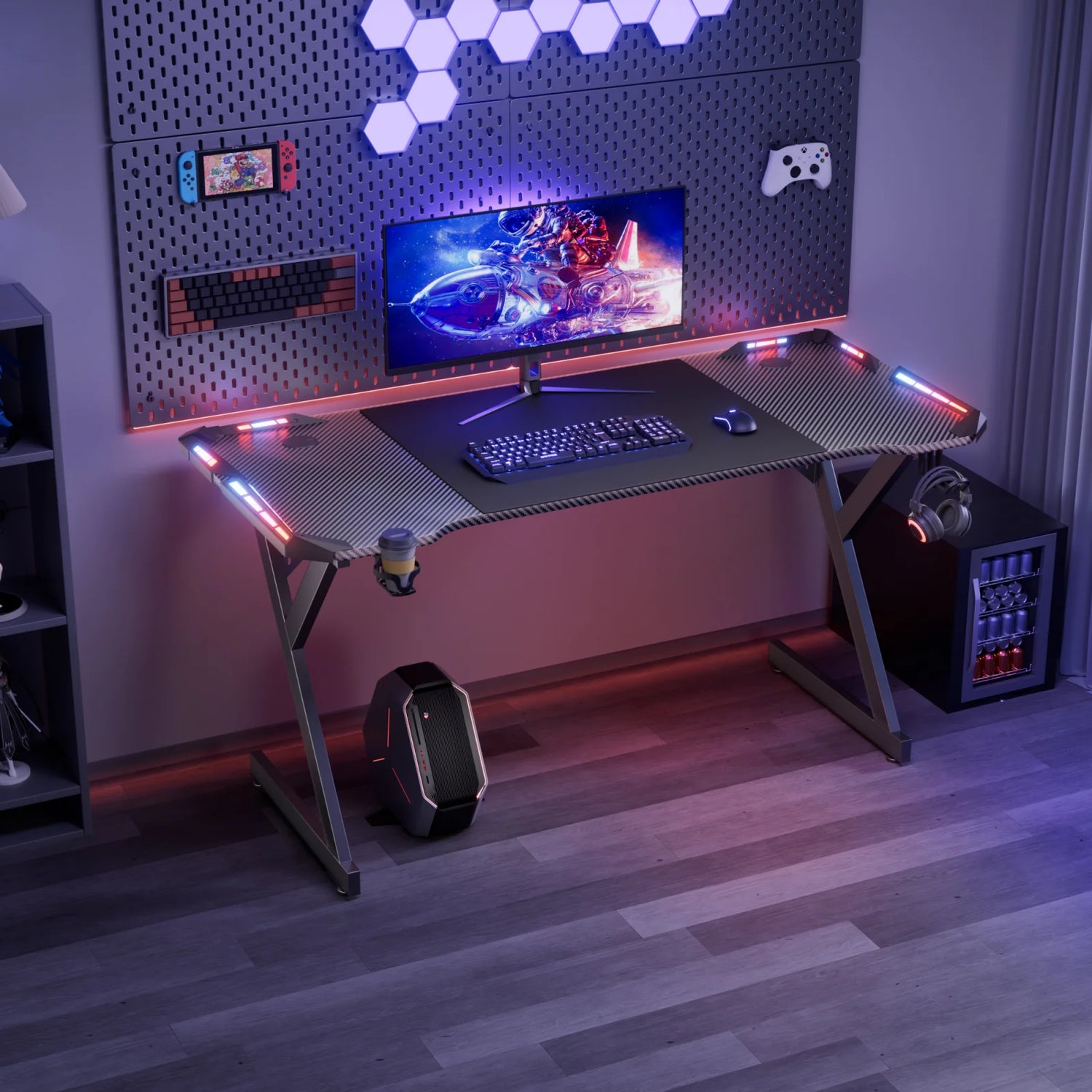 Y‑Shaped Gaming Desk with RGB LED Lights, Ergonomic Carbon‑Fiber Surface PC Workstation Table with Headphone Hook &amp; Cup Holder