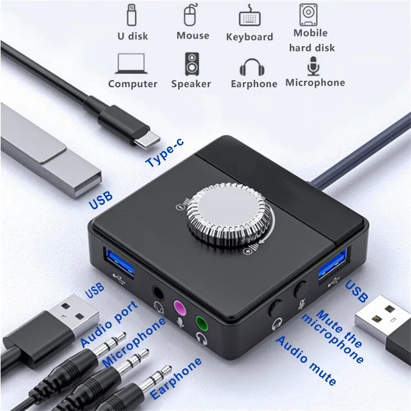 USB External Sound Card 3 Ports USB 2.0 to 3.5mm Sound Card with Volume Control Driver-Free Volume Adjustable Sound Card