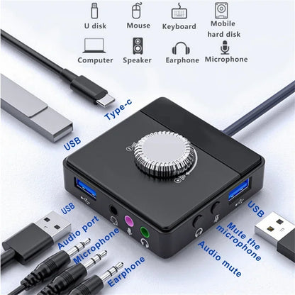 USB External Sound Card 3 Ports USB 2.0 to 3.5mm Sound Card with Volume Control Driver-Free Volume Adjustable Sound Card
