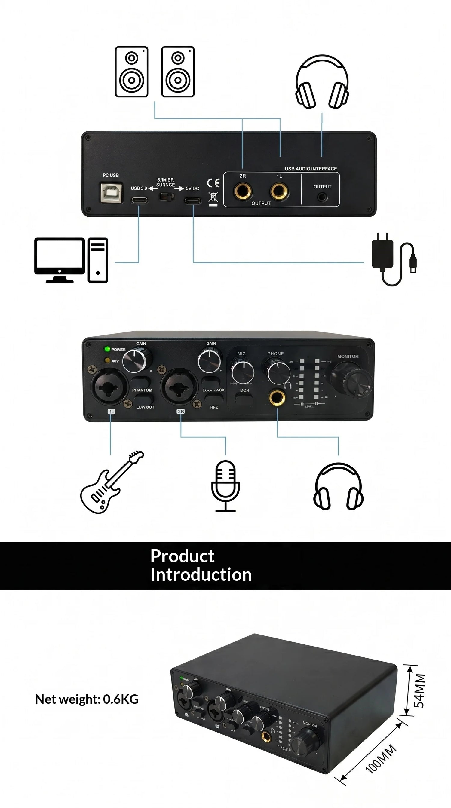 2 Channel USB Audio Interface with 48V Phantom Power Low Noise Sound Card for PC - Ideal for Recording Podcasts Guitar And Live