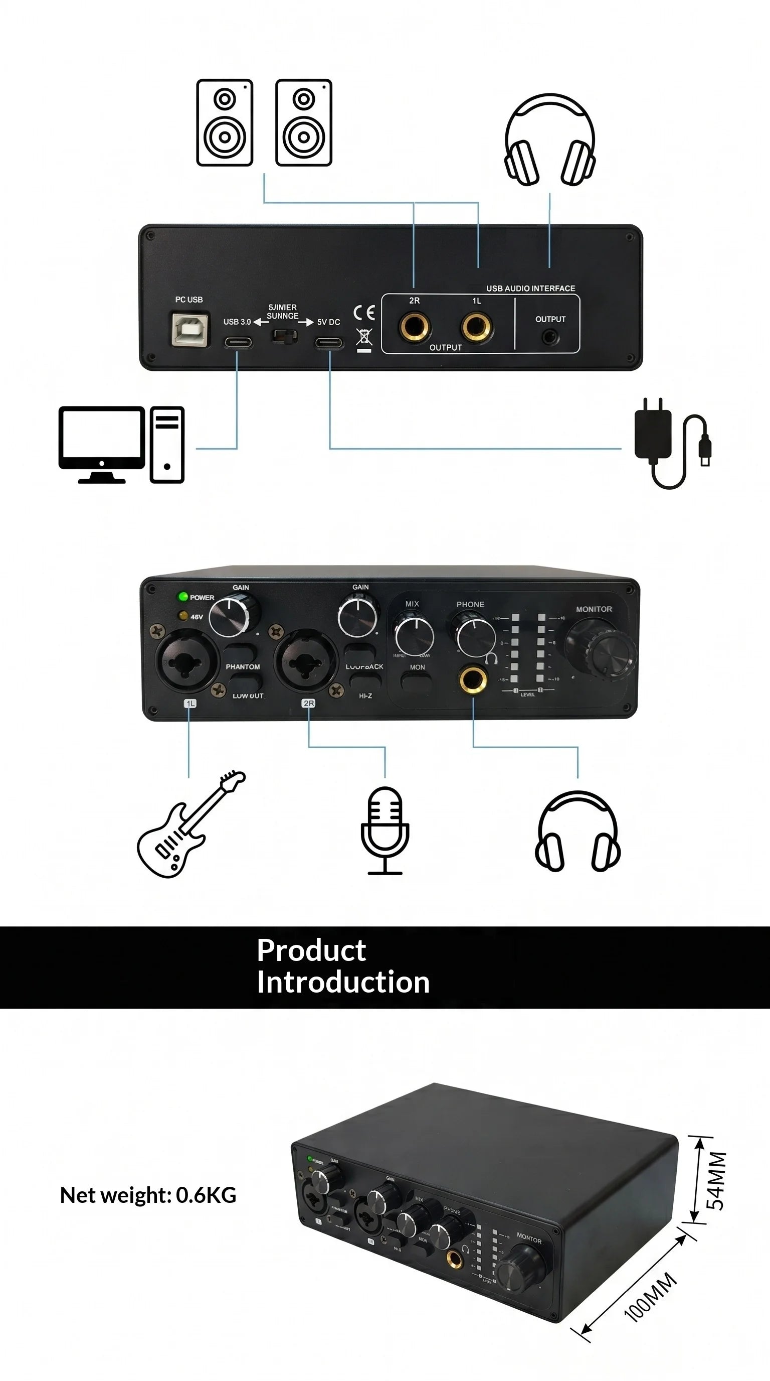 2 Channel USB Audio Interface with 48V Phantom Power Low Noise Sound Card for PC - Ideal for Recording Podcasts Guitar And Live