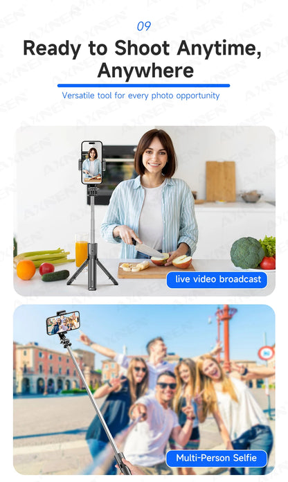 Selfie Stick Tripod with Detachable Bluetooth Remote, 360° Rotation,Extendable Pole, Fill Light Option, for iPhone Android Phone