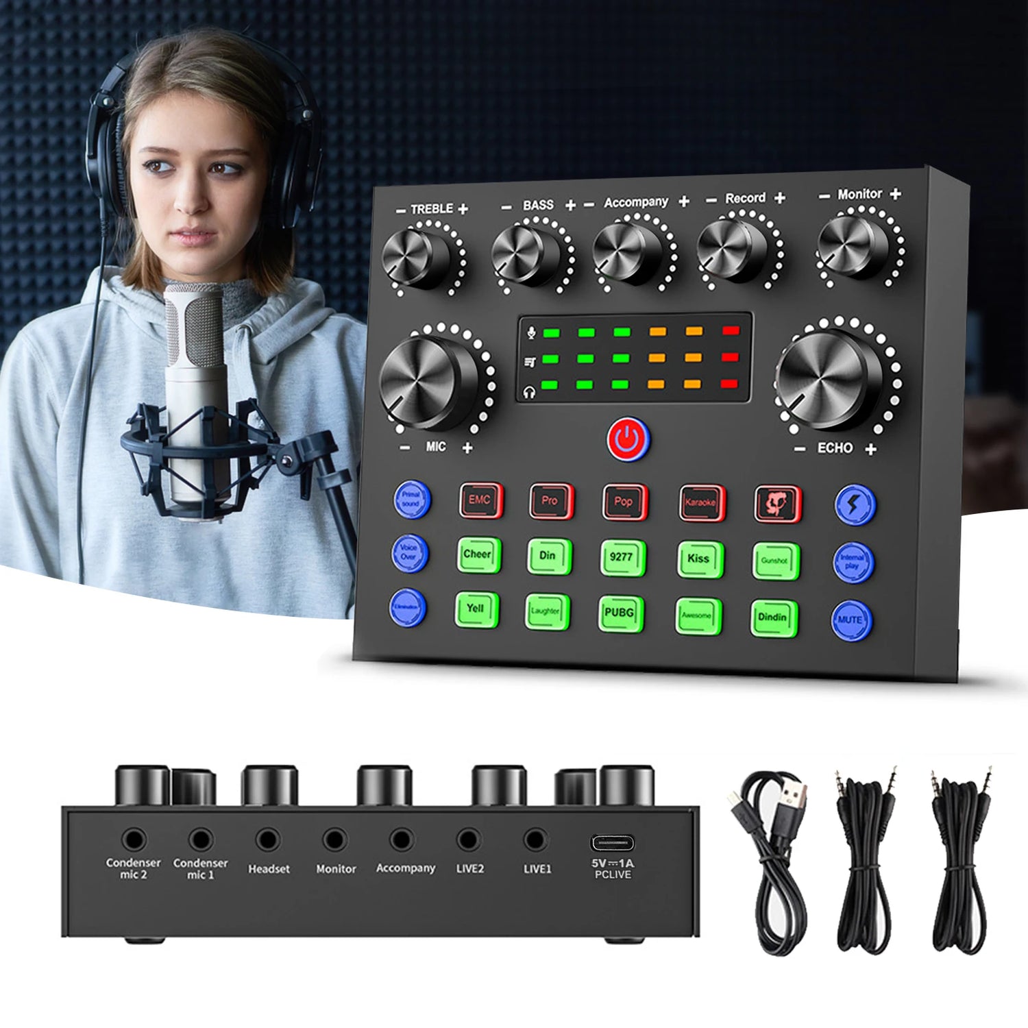 V8S Professional Sound Card with Voice Changer - 10 Sound Effects for PC Gaming, Karaoke, Live Streaming &amp; Recording Studio
