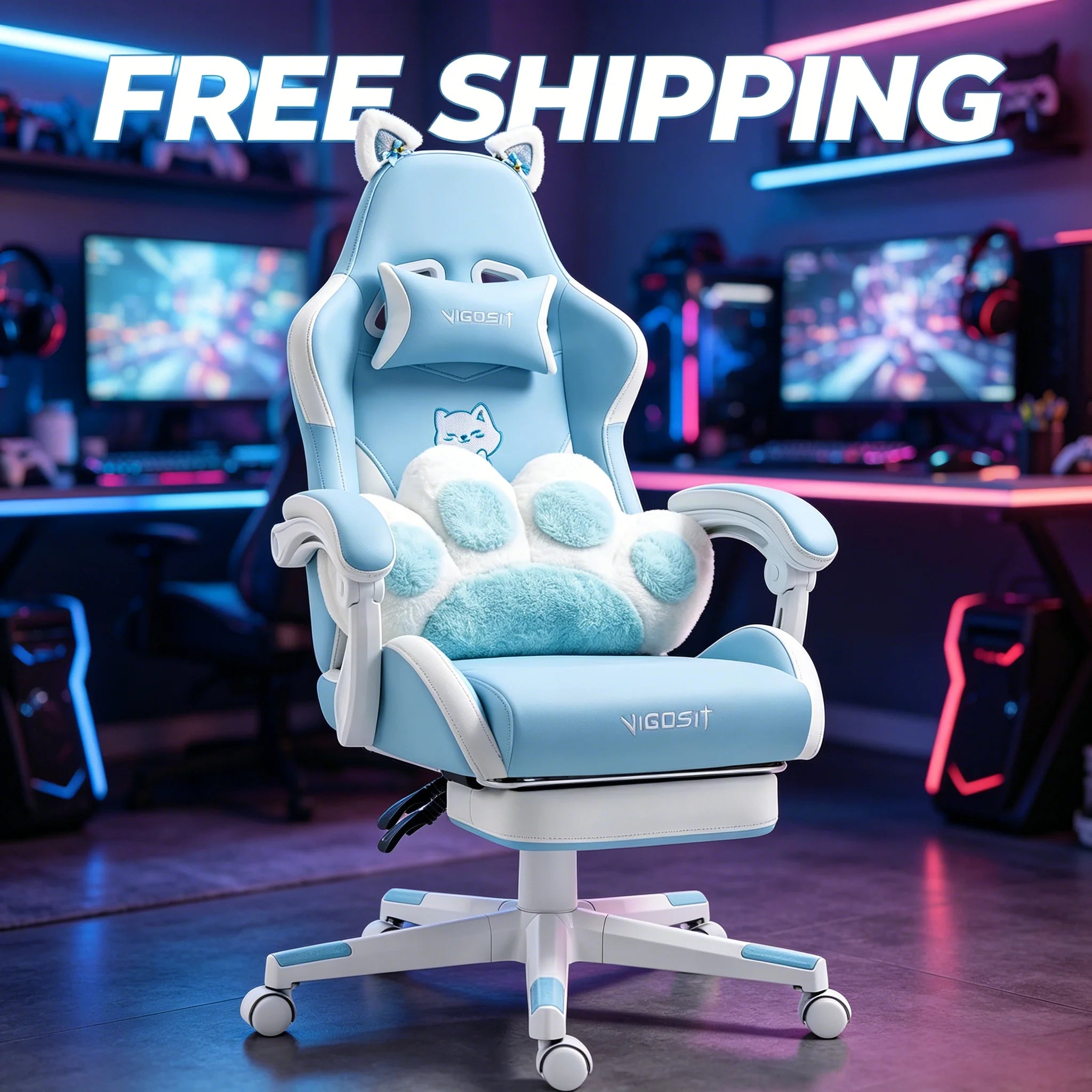 VIGOSIT Ergonomic Computer Chair with Footrest and Headrest,Gaming Chair Cute with Cat Ears and Massage Lumbar Support, Comfortable Reclining Game Chair 290lbs for Adult, Teen