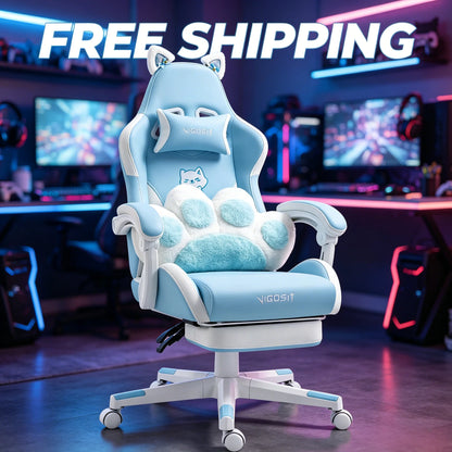 VIGOSIT Ergonomic Computer Chair with Footrest and Headrest,Gaming Chair Cute with Cat Ears and Massage Lumbar Support, Comfortable Reclining Game Chair 290lbs for Adult, Teen
