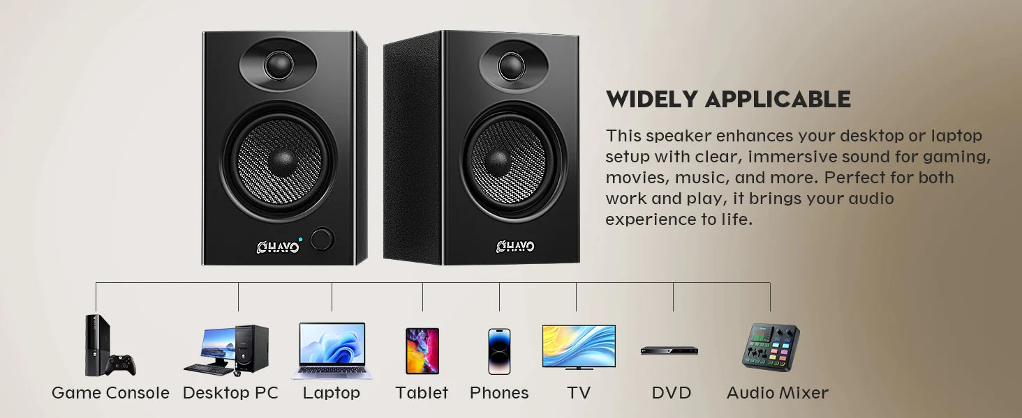 OHAYO Active Bluetooth 5.3 Bookshelf Speakers, 60W MDF Wooden Speaker Unit , 2.0 Computer PC Monitor Gaming Speakers,RCA/AUX/USB