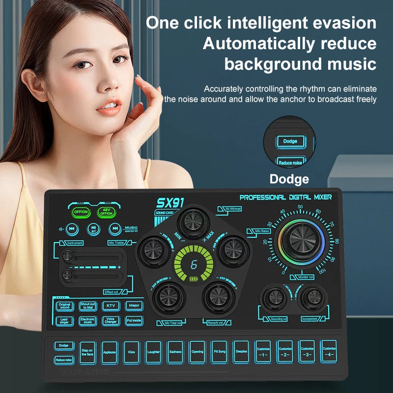 SX91 Sound Card USB Sound Mixer Professional Audio Mixing Console Amplifier For Live Sing PC Computer Laptop Cellphone