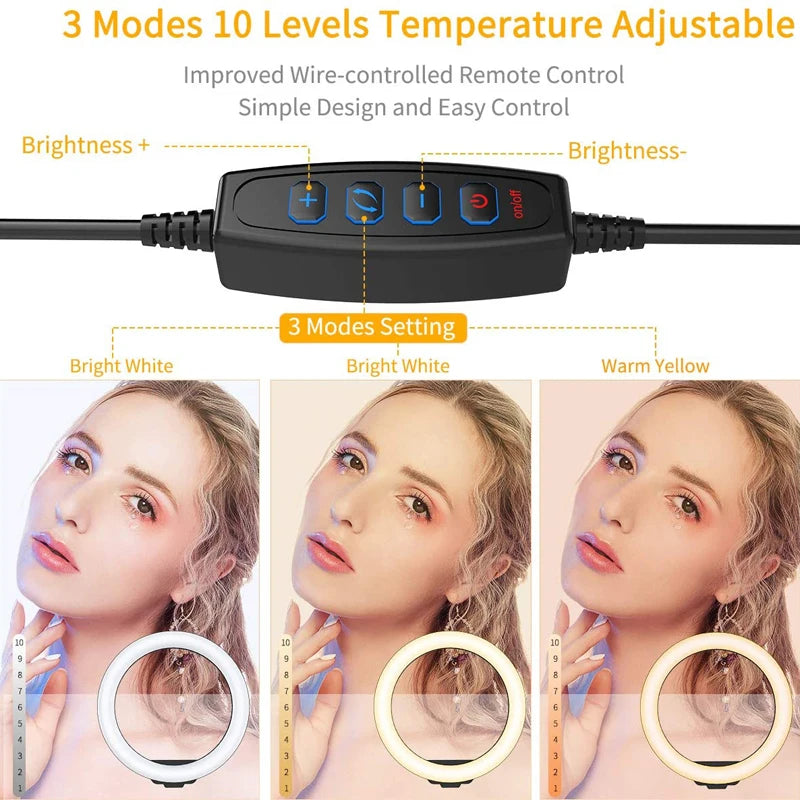 LED Ring Light Photography Adjustable Lighting Phone Ringlight With 20cm Tripod Stand USB Round Fill Lamp For Phone Video Live