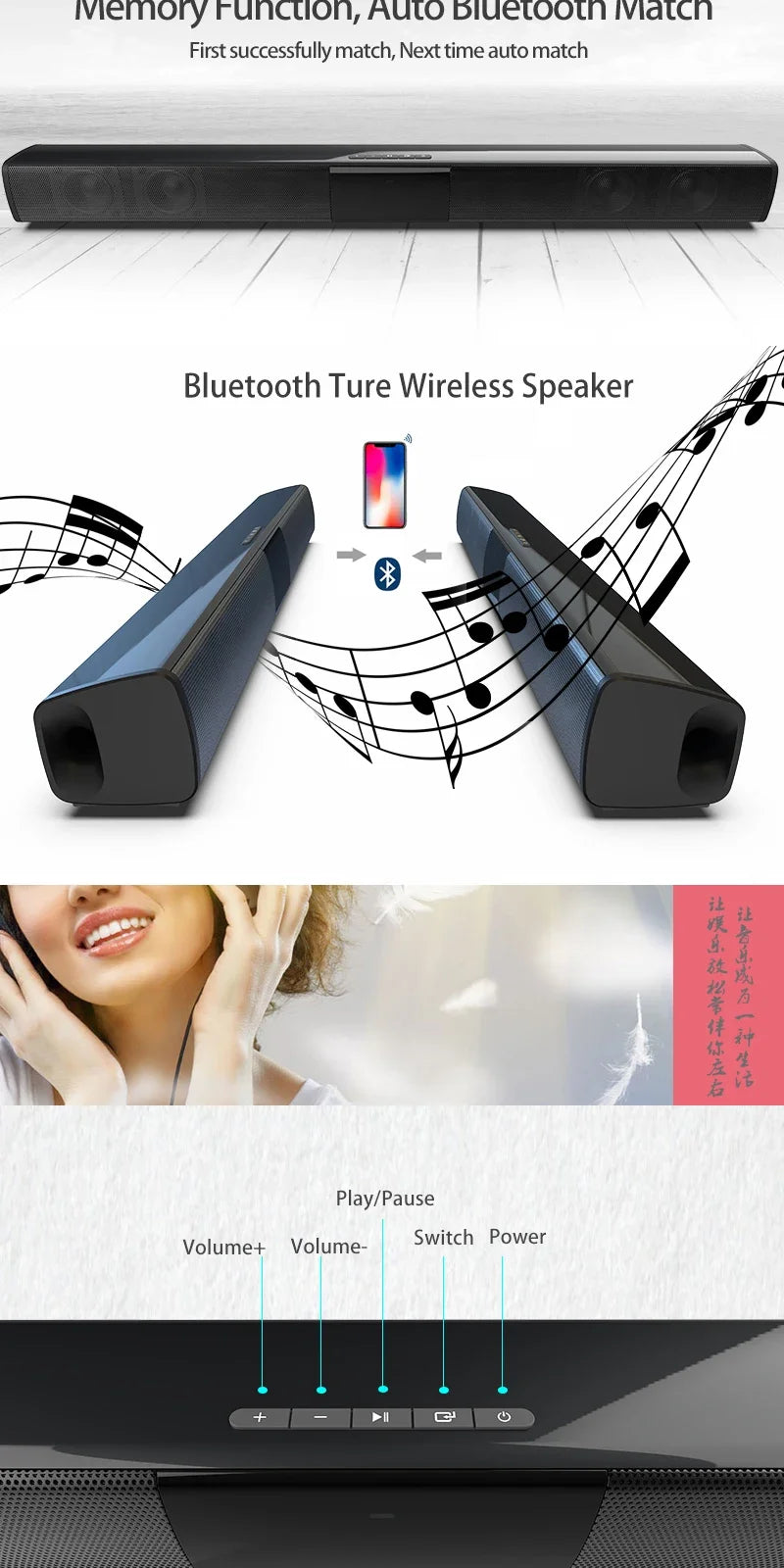 40W High Power Soundbar for TV Computer Wireless Bluetooth Speaker Home Theater Sound System FM Radio Subwoofer RCA Soundbox TF