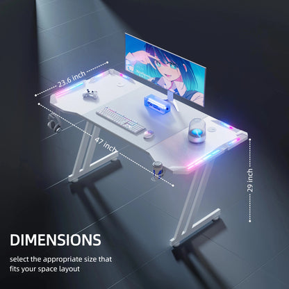 47/55/63inch Gaming Desk, Carbon Fibre Gaming Table with LED Lights, Z Shaped Ergonomic Desk with Cup Holder &amp; Headphone Hook, White