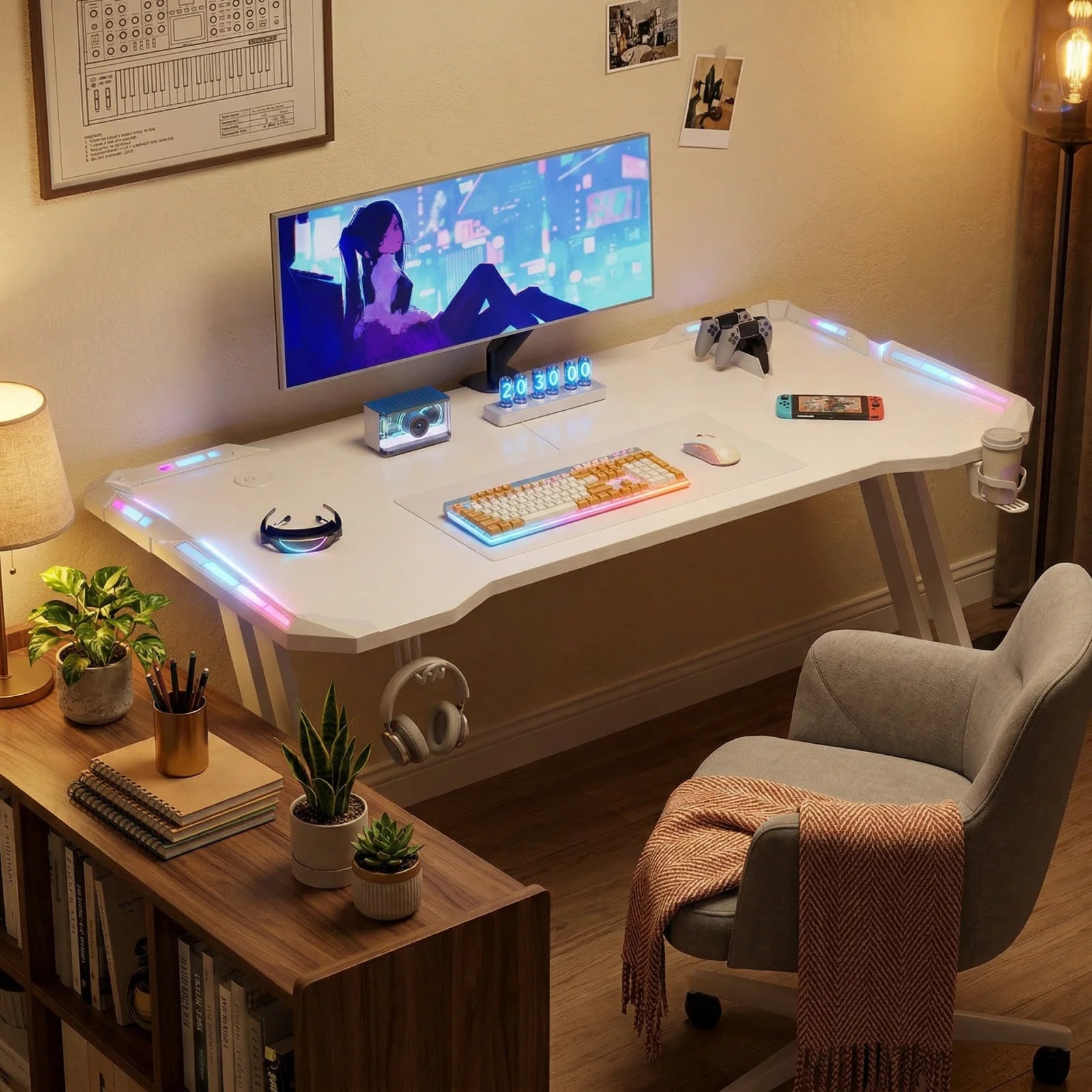 47/55/63inch Gaming Desk, Carbon Fibre Gaming Table with LED Lights, Z Shaped Ergonomic Desk with Cup Holder &amp; Headphone Hook, White
