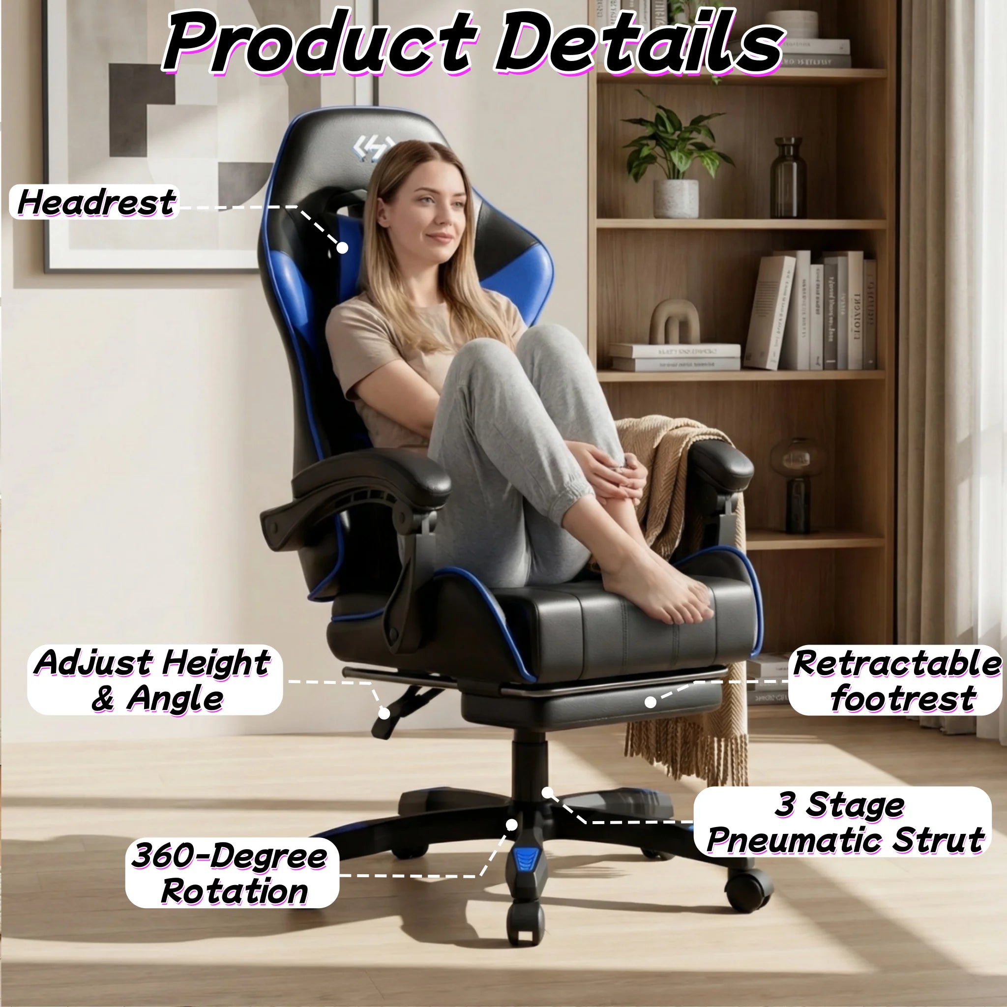 Ergonomic Gaming Chair, PU Leather Computer Office Chair for Adults, Adjustable Height &amp; Reclining Backrest Angle, 360° Swivel Gaming Desk Chair with Lumbar Support, Headrest and Retractable Footrest