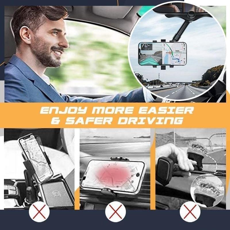 Multifunctional 360 Rear View Mirror For Car Rotatable And Retractable Car Phone Holder
