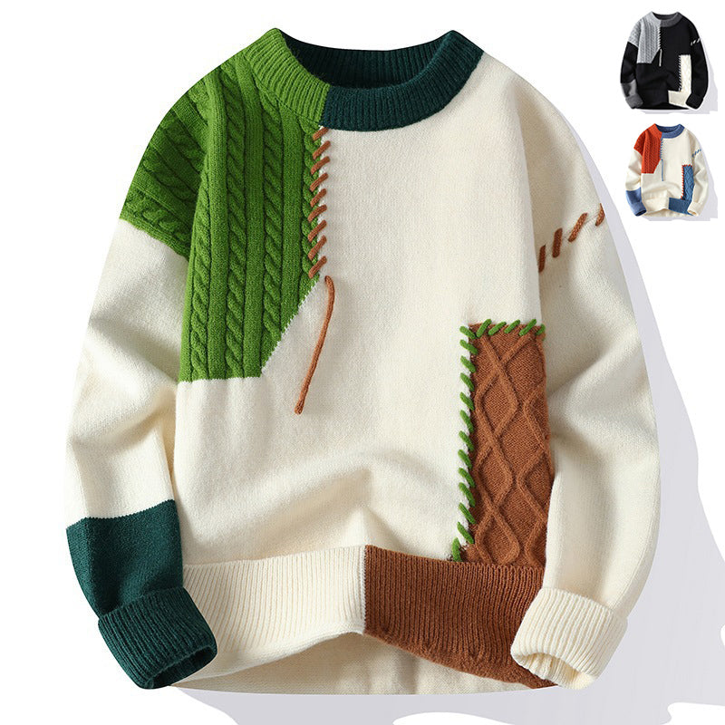 Ins Color block Pullover Sweater Winter Fashion Long Sleeve Knitted Top Men's Clothing