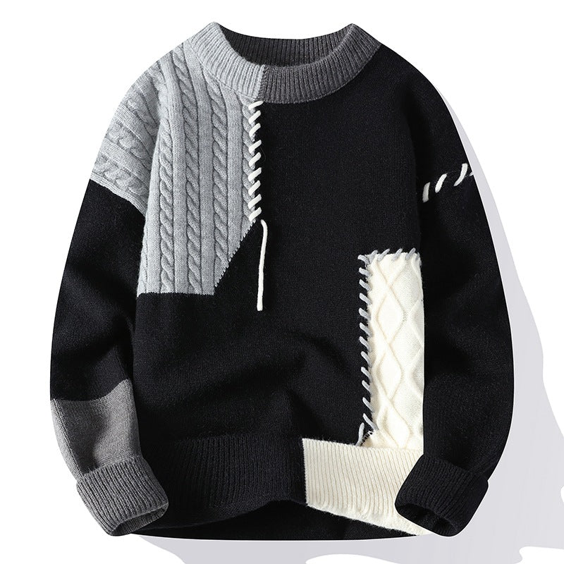 Ins Color block Pullover Sweater Winter Fashion Long Sleeve Knitted Top Men's Clothing