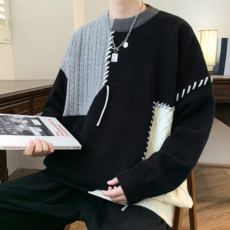 Ins Color block Pullover Sweater Winter Fashion Long Sleeve Knitted Top Men's Clothing